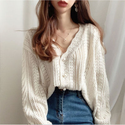 Hollow sweater women's spring and autumn loose thin section outerwear lazy wind very fairy long-sleeved knitted V-neck line jacket