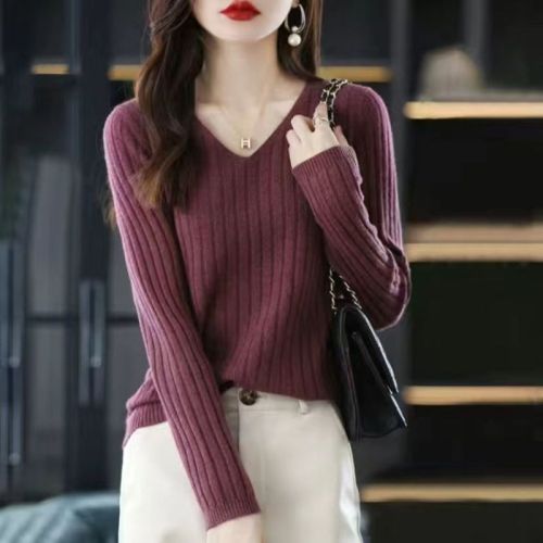  new V-neck knitted sweater long-sleeved knitted bottoming shirt women's sweater slim fit inner sweater all-match top women