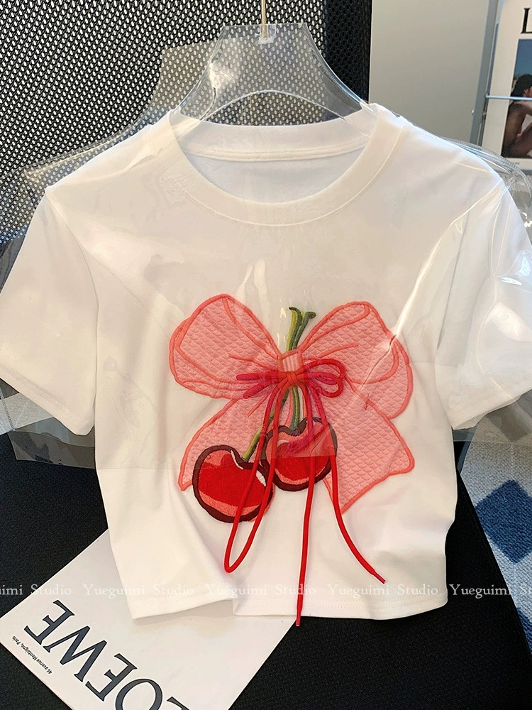 French short bow tie t-shirt women's short-sleeved summer self-cultivation slimming heavy industry small hot girl front shoulder top tide