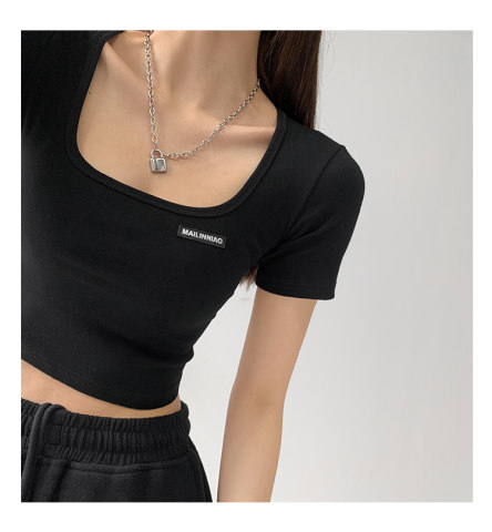 Square collar exposed collarbone self-cultivation bottoming shirt short-sleeved navel T-shirt student short top female ins