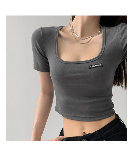 Square collar exposed collarbone self-cultivation bottoming shirt short-sleeved navel T-shirt student short top female ins