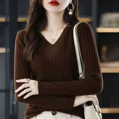  new V-neck knitted sweater long-sleeved knitted bottoming shirt women's sweater slim fit inner sweater all-match top women