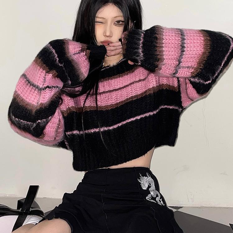 Black and pink striped one-shoulder sweater women's 2023 spring and autumn new short strapless hot girl chic design top