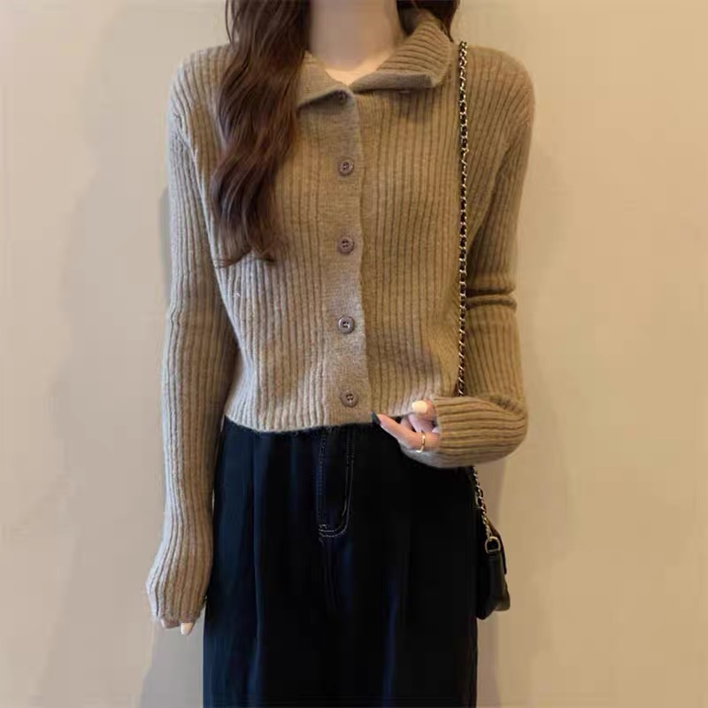 European station autumn and winter new 2023 lapel super good-looking top small fragrant style striped button-down knitted cardigan sweater tide