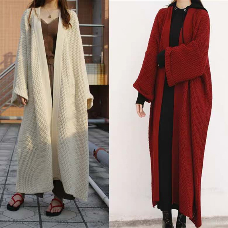 Autumn and winter loose long knitted cardigan lazy wind over the knee thick line fat mm large size sweater coat female thick