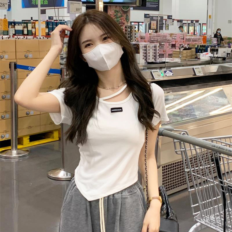 Irregular design short-sleeved T-shirt female summer hot girl style pure desire white bottoming top