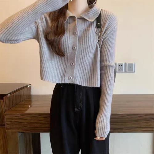 European station autumn and winter new  lapel super good-looking top small fragrant style striped button-down knitted cardigan sweater tide