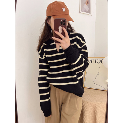 2023 autumn and winter striped long-sleeved sweater women's POLO shirt loose lazy style pullover simple student age reduction hit color trend