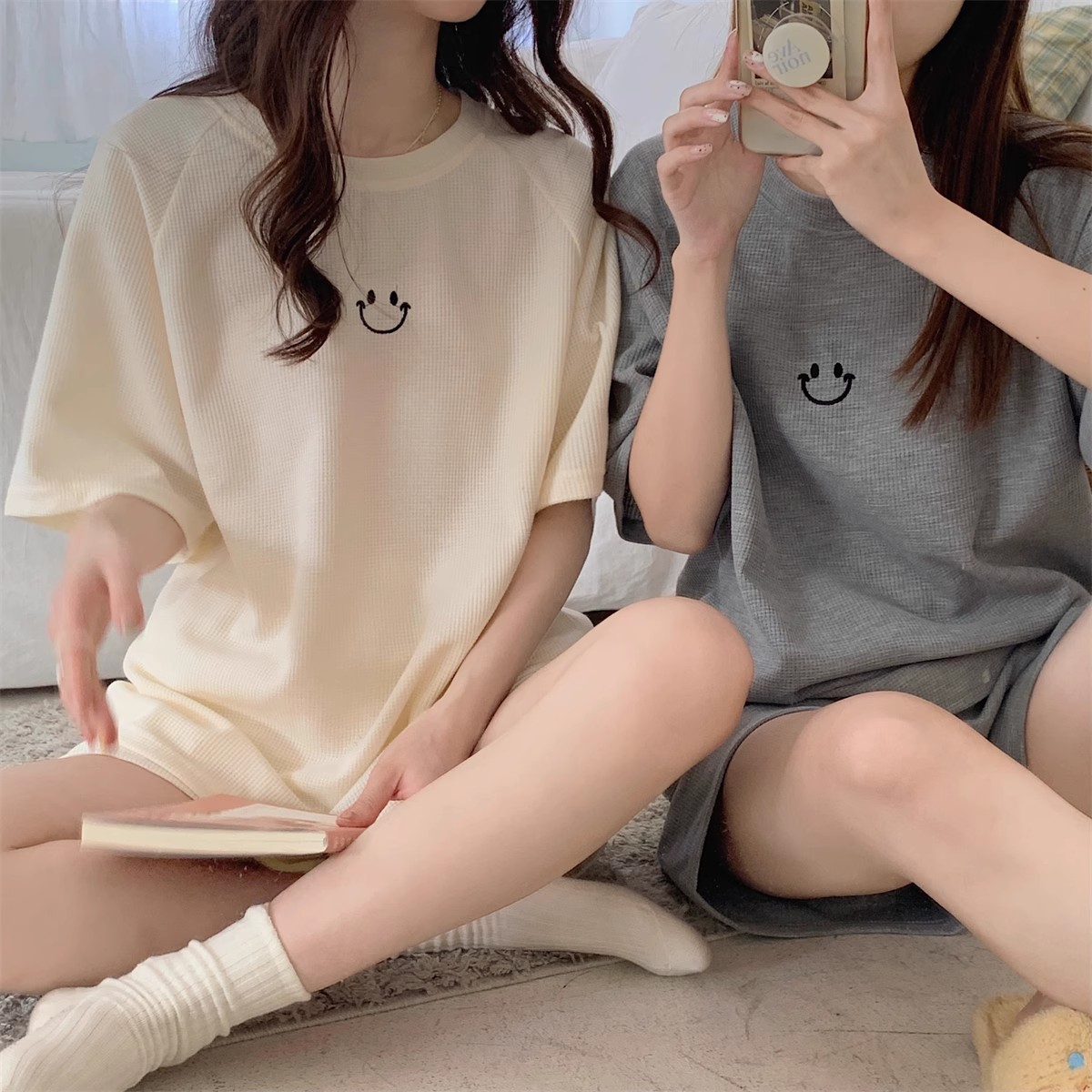 Aishang Korean ins style cute simple pajamas waffle summer short-sleeved sports can be worn outside the home suit