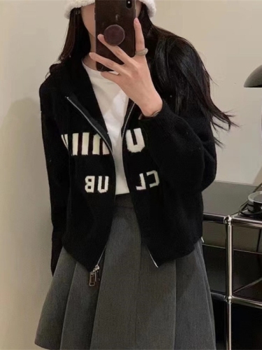  Spring and Autumn New Hooded Knit Cardigan Women's Short Zipper Sweater Korean Style Lazy Wind Coat Tops