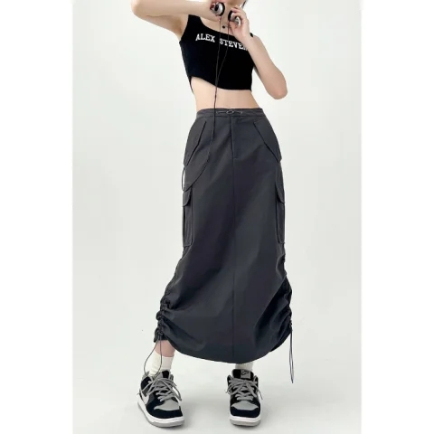 Summer ins tide hot girl quick-drying pleated drawstring tooling skirt loose casual straight back slit skirt