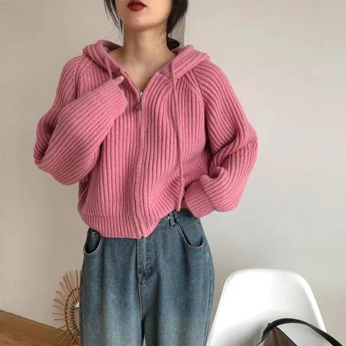 Hooded short knitted cardigan top spring women's 2023 new Korean sweater coat women's loose lazy style