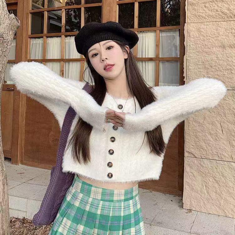Mink velvet short sweater women's spring and autumn new sweet and spicy style slim fit slim soft waxy knitted cardigan coat trendy