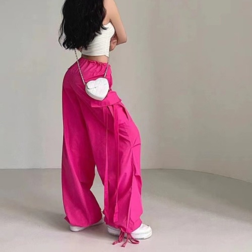 American street rose pink streamer low waist loose overalls personality multi-pocket elastic dance casual pants