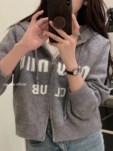  Spring and Autumn New Hooded Knit Cardigan Women's Short Zipper Sweater Korean Style Lazy Wind Coat Tops