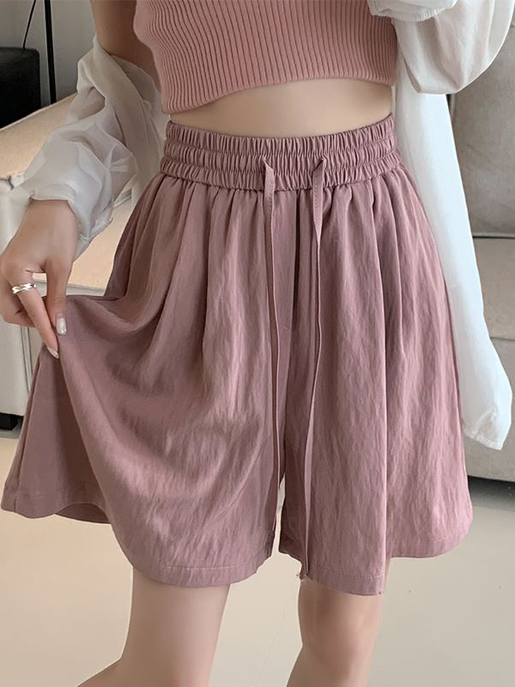 Ice Silk Shorts Women Summer Thin Elastic Waist Loose Large Size Straight Cool Pants Wide Leg Cropped Pants