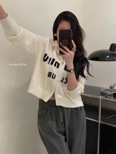  Spring and Autumn New Hooded Knit Cardigan Women's Short Zipper Sweater Korean Style Lazy Wind Coat Tops