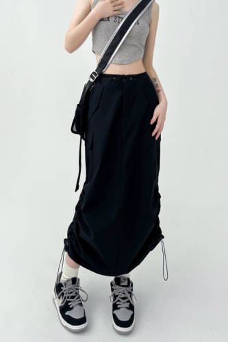 Summer ins tide hot girl quick-drying pleated drawstring tooling skirt loose casual straight back slit skirt