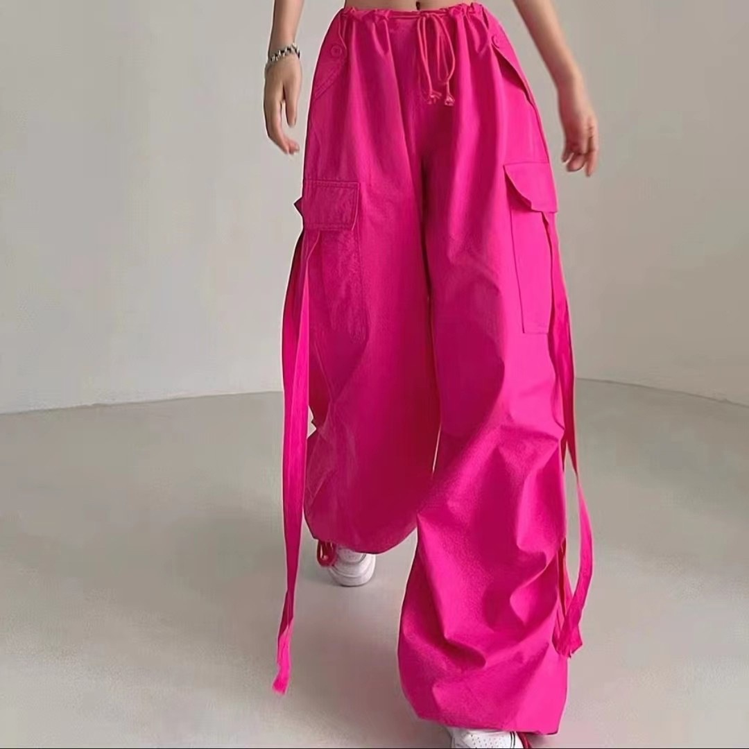 American street rose pink streamer low waist loose overalls personality multi-pocket elastic dance casual pants