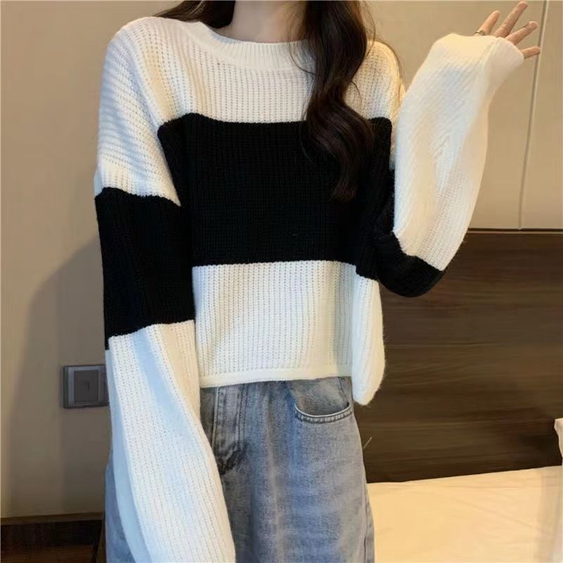 Striped sweater retro Hong Kong style women's outerwear loose Korean version of ins trendy short knitwear forest coat deer plush