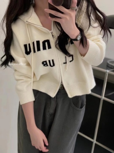  Spring and Autumn New Hooded Knit Cardigan Women's Short Zipper Sweater Korean Style Lazy Wind Coat Tops
