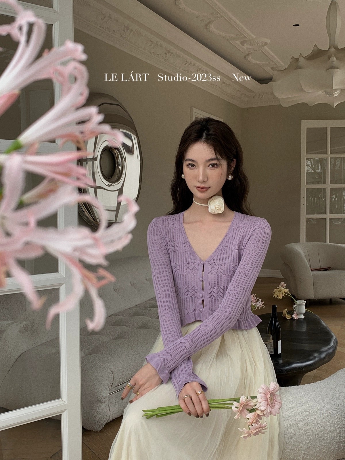 LE LART2023 summer new French elegant hollow ruffled V-neck sunscreen sweater knitted cardigan top women