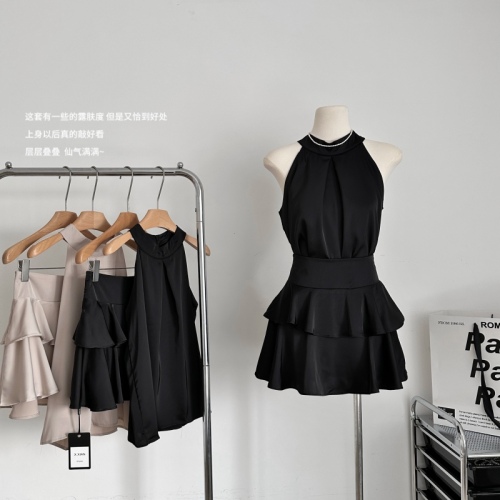 JustQin Inspiration Muse Goddess Filter High-quality Satin Top Top Ruffle Skirt Two-piece Suit