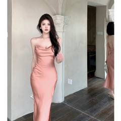 Real price real price Satin texture swing collar diamond chain suspender skirt female spring open back side slit sexy dress