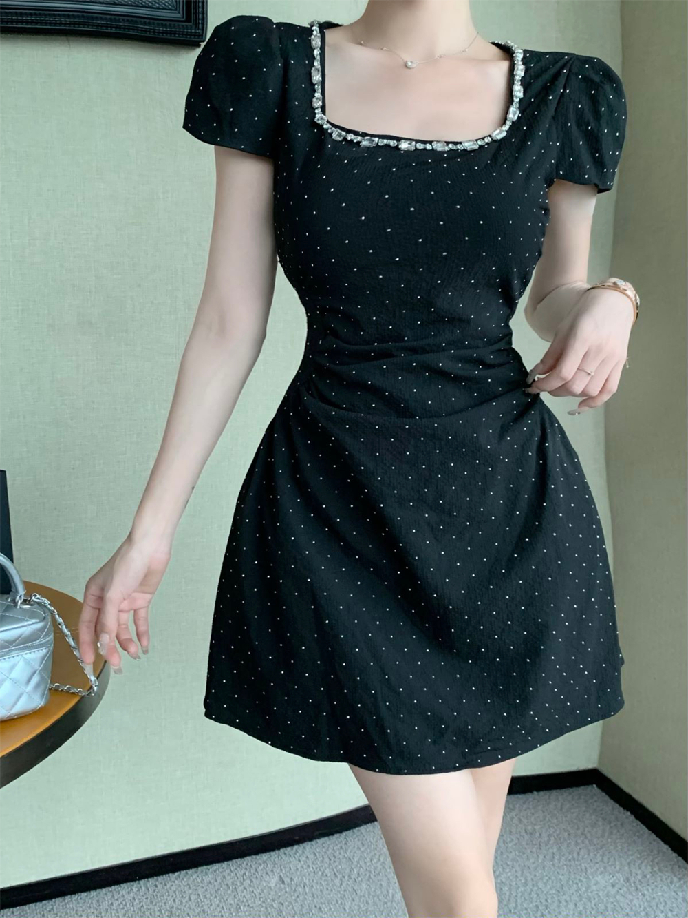 Temperament new heavy industry nail drill bubble short-sleeved hollow high waist slim dress