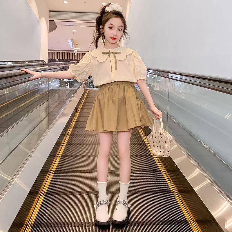 2023 new children's summer dress suit foreign style children's summer Internet celebrity doll collar short-sleeved girl casual two-piece suit