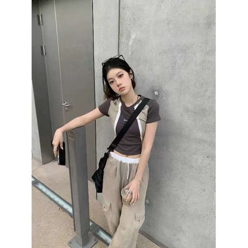 95 cotton design sense niche splicing short-sleeved letter printing short T-shirt summer new slim short