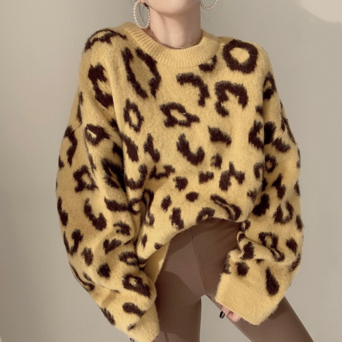 Korean chic autumn and winter lazy wind round neck leopard jacquard loose all-match long-sleeved thickened warm pullover sweater women