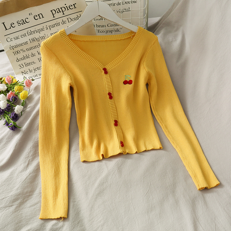 Sweet style cherry embroidery slim fit long-sleeved knitted sweater women's spring clothes students all-match V-neck tight-fitting bottoming shirt
