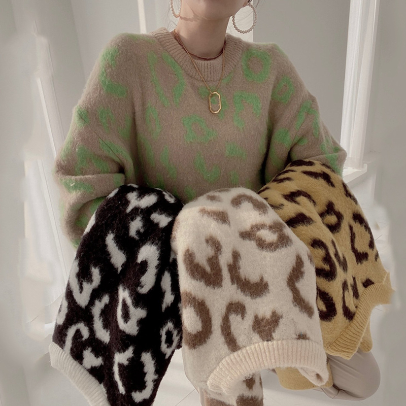 Korean chic autumn and winter lazy wind round neck leopard jacquard loose all-match long-sleeved thickened warm pullover sweater women