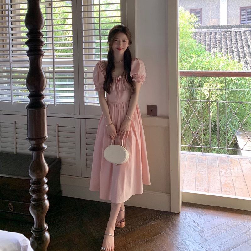 Tea break French square collar pink dress female summer first love girl skirt chic bow sweet wind small skirt