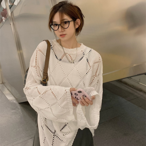 Round neck loose hollow large version long-sleeved slit sweater women's lazy wind mid-length large size early autumn knitted sweater top