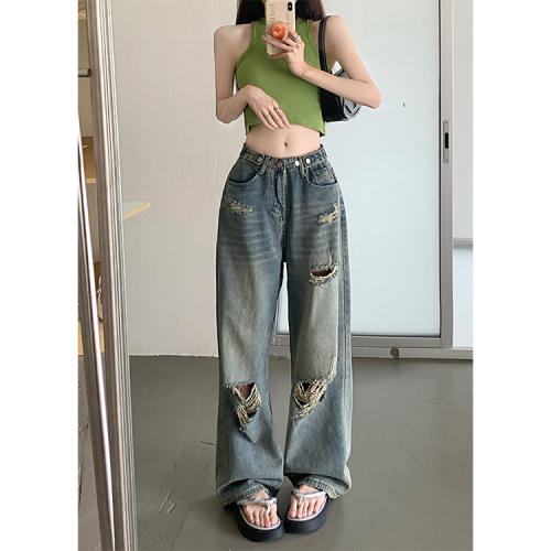 High-rise adjustable wide-leg ripped straight-leg jeans