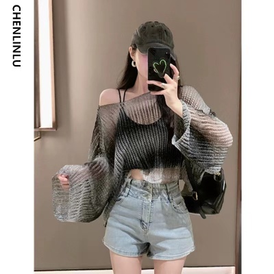 Trendy Gradient Color Irregular Hollow Knit Sweater Women 2023 Summer Korean Style Loose Round Neck Long Sleeve Sunscreen Blouse Trendy