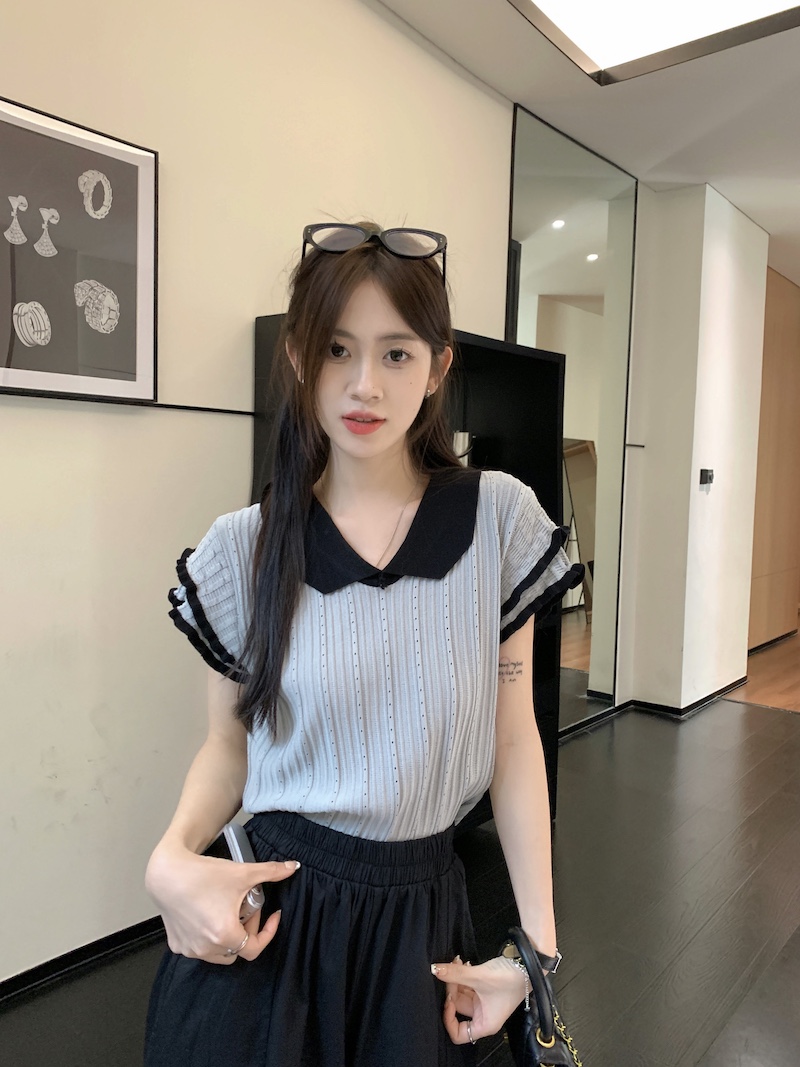 French style wavy edge contrast color short-sleeved knitted sweater women's summer new retro lapel thin section short top