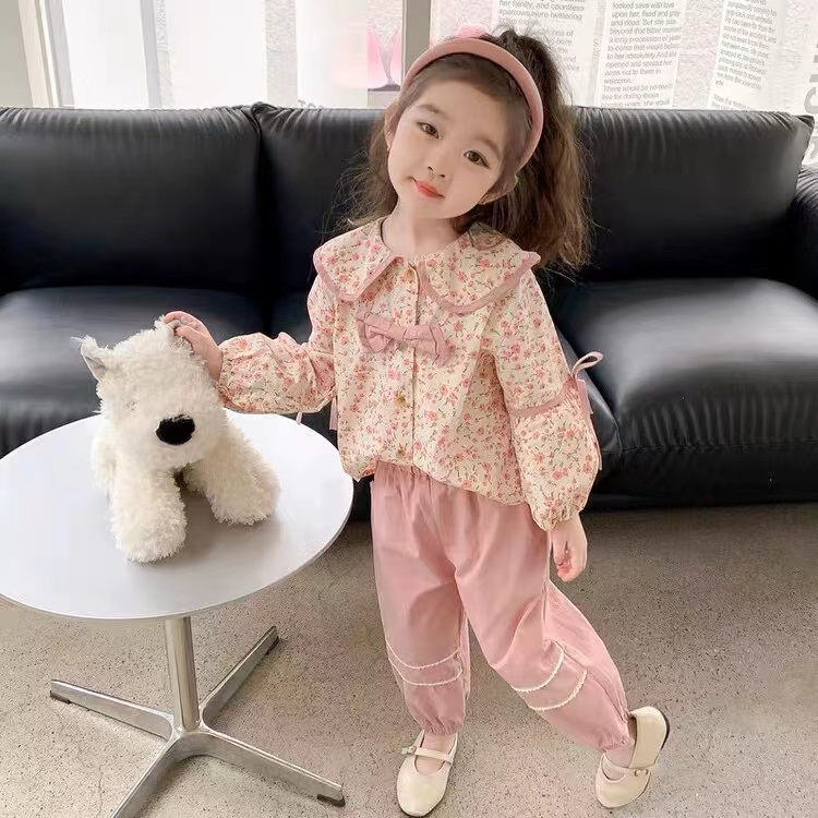 2023 Girls' western-style Mori style floral long-sleeved top + casual Korean style all-match trousers fashion two-piece set