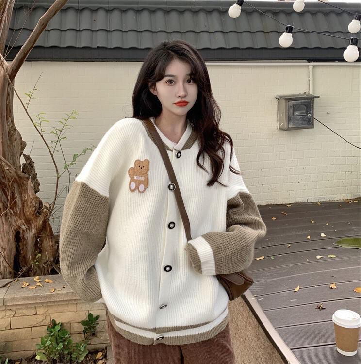 Early autumn sweet and spicy knit cardigan bear embroidery contrast color stitching design lazy wind sweater jacket top tide
