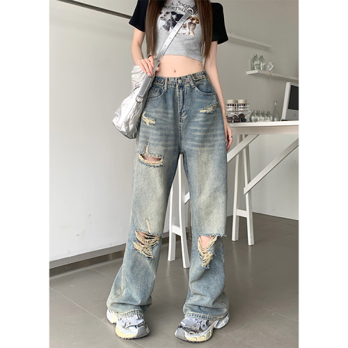 High-rise adjustable wide-leg ripped straight-leg jeans