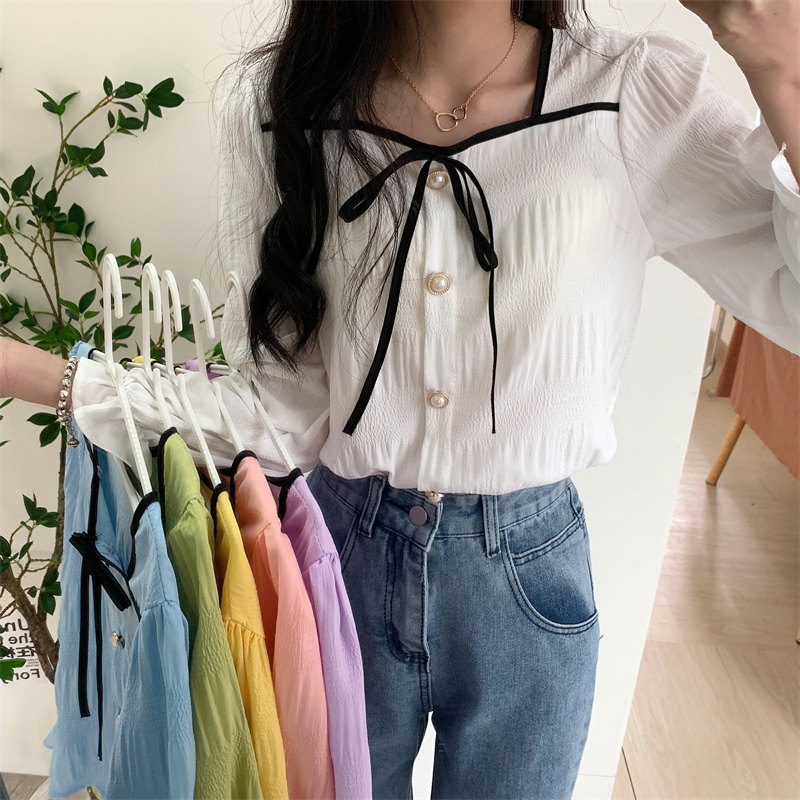 Gentle style chic loose square collar shirt long-sleeved top