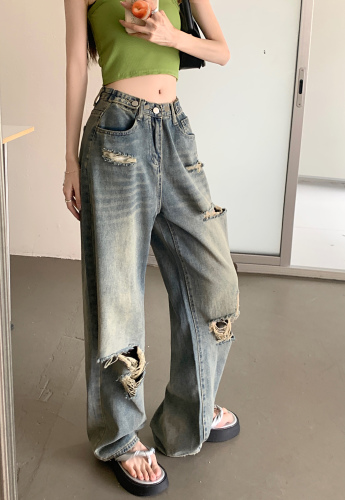 High-rise adjustable wide-leg ripped straight-leg jeans