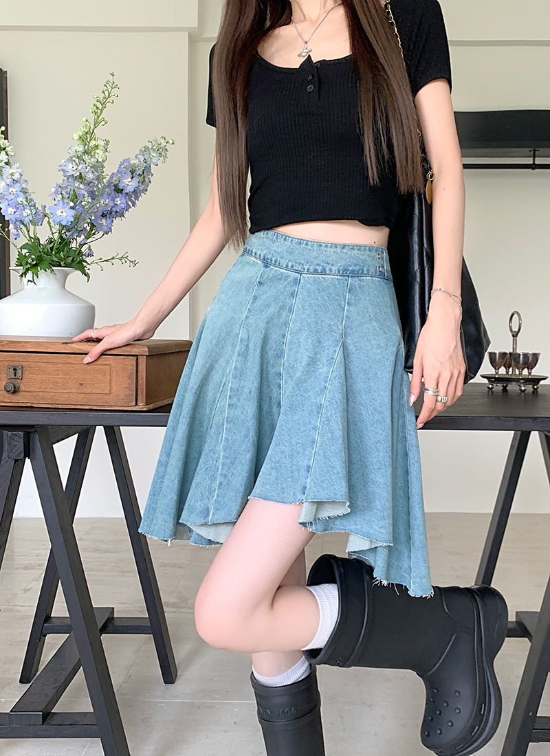2023 Autumn New Versatile Design Irregular Hem Skirt Women's High Waist Denim Skirt