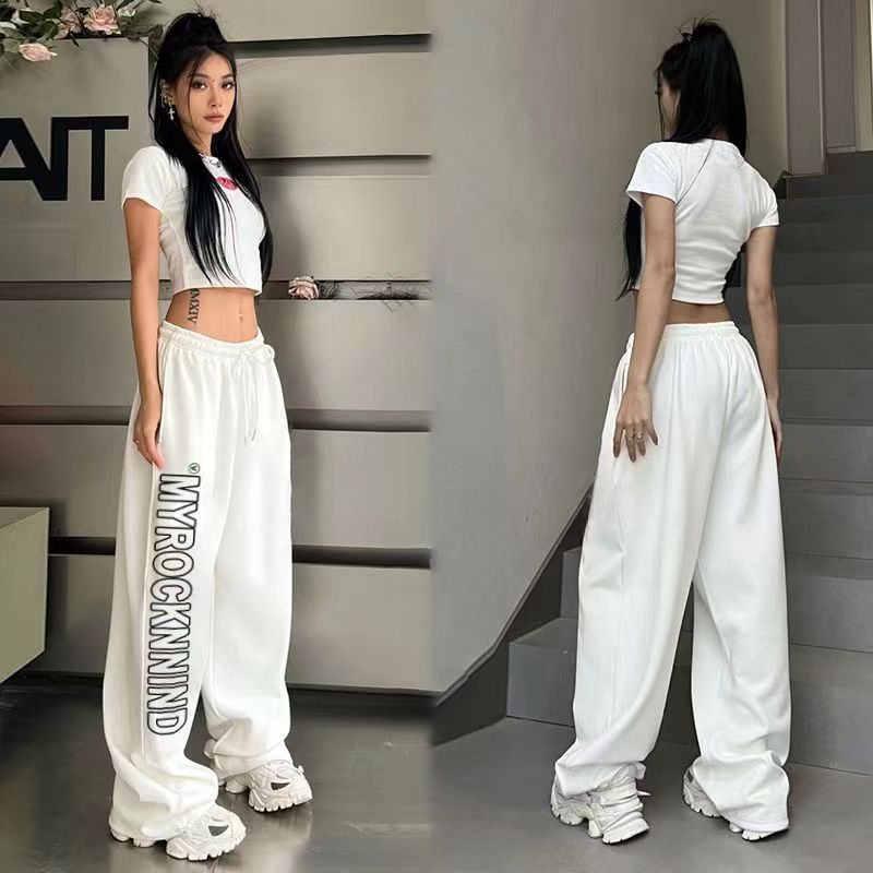 White jazz dance pants women's high waist loose straight drawstring wide-leg trousers street dance hip-hop sports pants ins tide