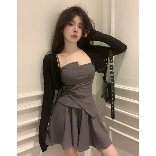 2023 summer new Korean style all-match thin sunscreen top + suspenders + skirt suit women's fashion
