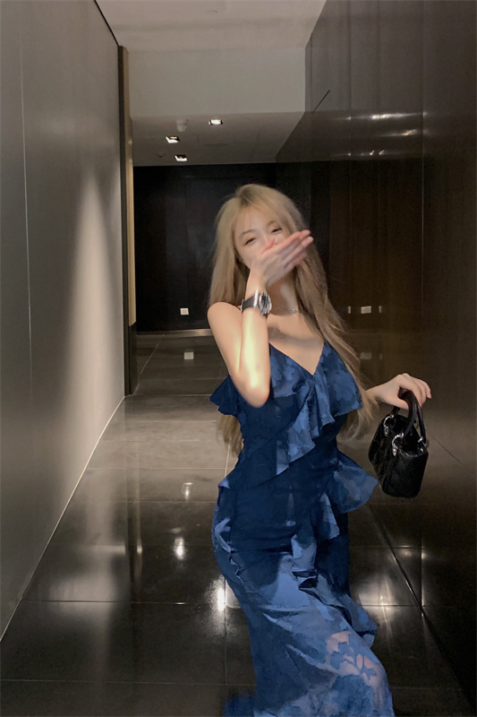 Romantic Encounters Jacquard Ruffle Sleeveless Long Sleeveless Dress