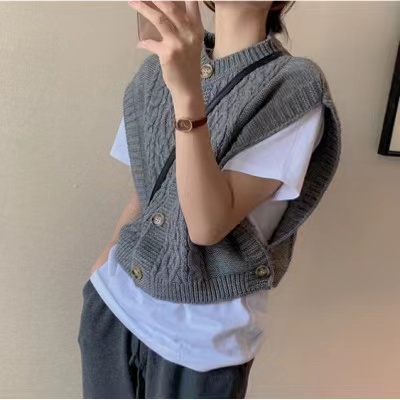 Korean style autumn solid color wool round neck commuter outer wear buttons thick needle silky and comfortable sleeveless Korean style vest for women