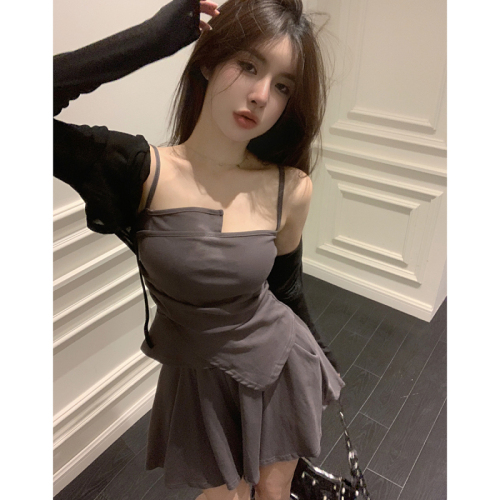 2023 summer new Korean style all-match thin sunscreen top + suspenders + skirt suit women's fashion